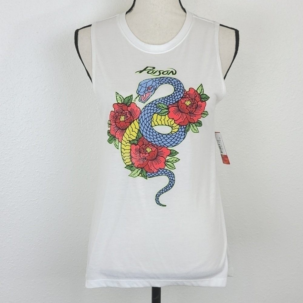 *NWT* POISON Band White Sleeveless Tank w/Front Vibrant Graphic, size Small